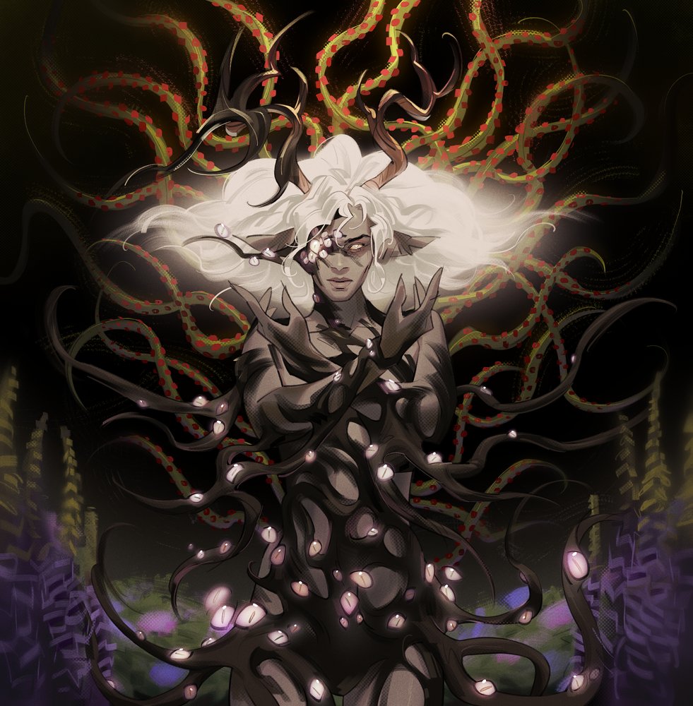 1girl, ahfol, ant, borrowed_character, bug, closed_mouth, colored_skin, commission, cowboy_shot, crossed_arms, dark_background, eldritch_abomination, floating_hair, flower, foxglove, glowing, glowing_eyes, grey_skin, hands_up, hydrangea, insect, long_hair, nude, original, outdoors, pink_lips, pointy_ears, purple_flower, solo, standing, tentacles, too_many_eyes, wavy_hair, white_background, white_hair