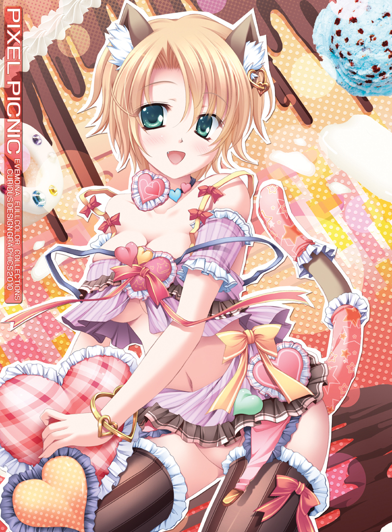 1girl, animal_ears, blonde_hair, bottomless, cat_ears, cat_tail, evemoina, female_focus