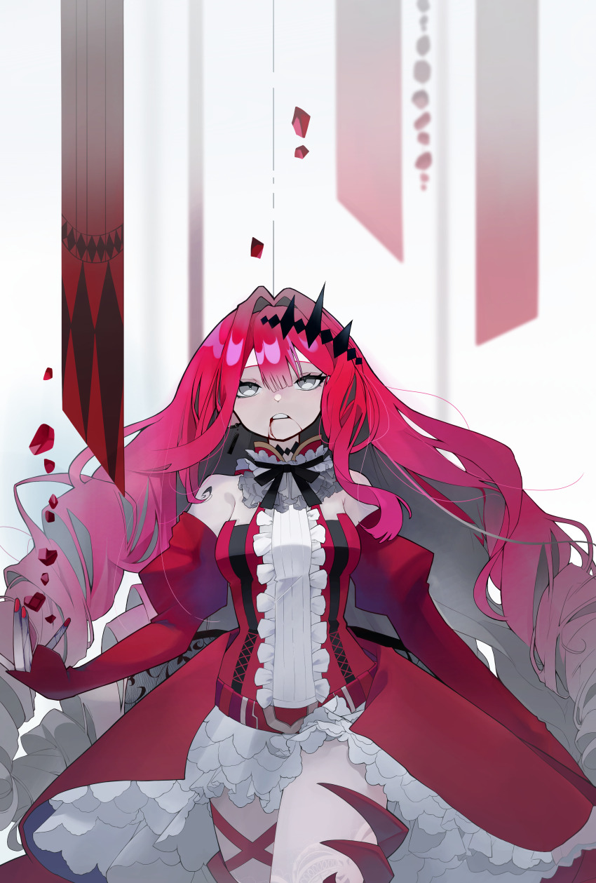 1girl, absurdres, baobhan_sith_(fate), baobhan_sith_(first_ascension)_(fate), bare_shoulders, blood, blood_from_mouth, breasts