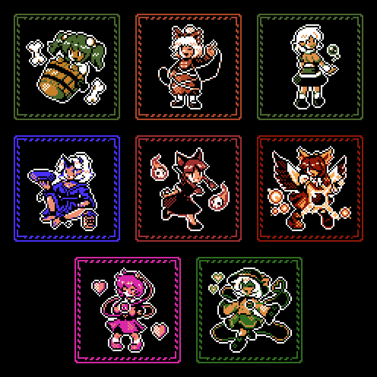 6+girls, animal_ears, black_background, black_sun, bone, bow, braid, brown_hair