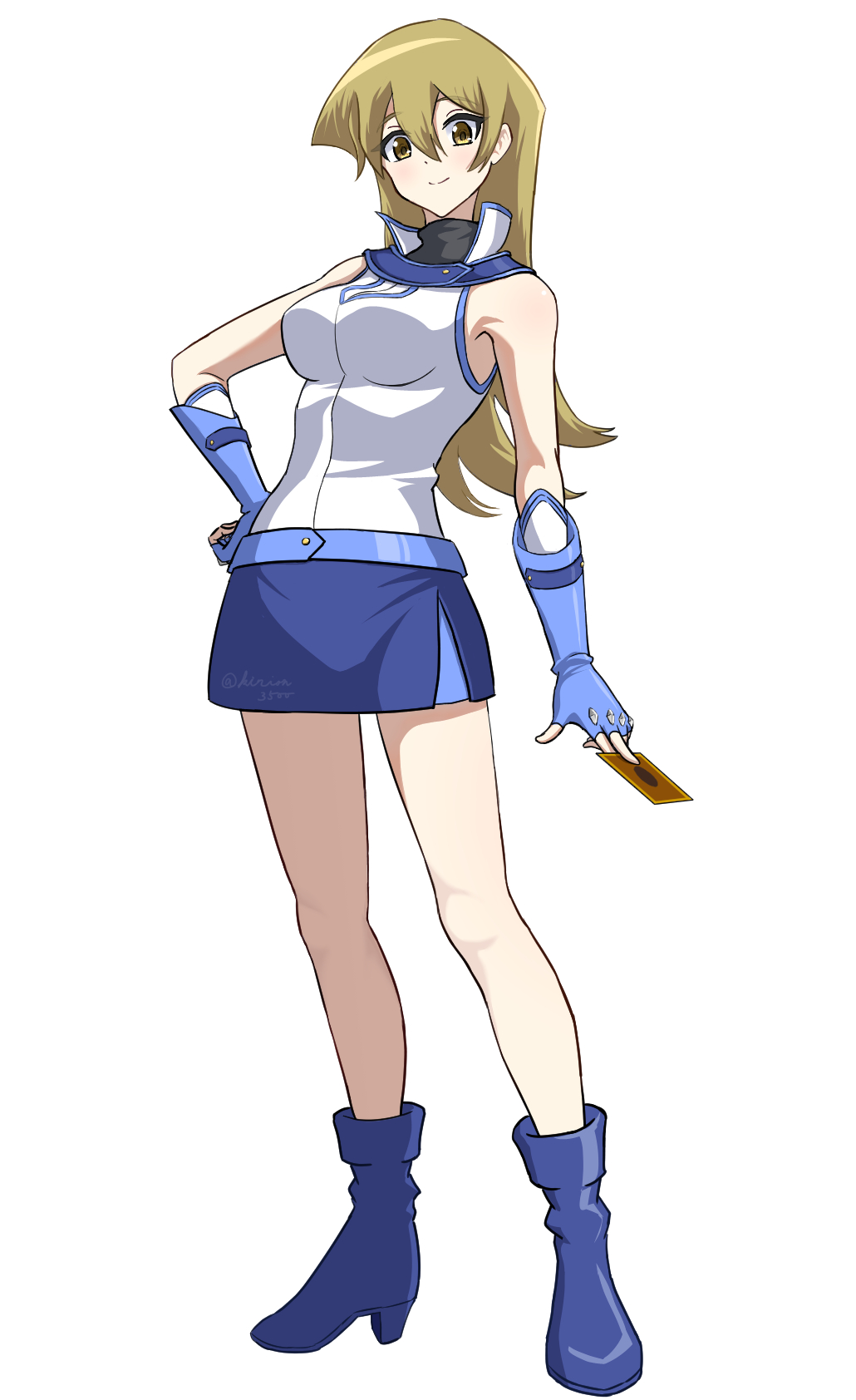1girl, bare_shoulders, blonde_hair, blue_boots, blue_gloves, blue_skirt, boots, breasts, card, closed_mouth, duel_academy_uniform_(yu-gi-oh!_gx), fingerless_gloves, full_body, gloves, hair_between_eyes, hand_on_own_hip, high_heel_boots, high_heels, highres, holding, holding_card, kyrion, looking_at_viewer, shirt, skirt, sleeveless, sleeveless_shirt, solo, tenjouin_asuka, white_background, white_shirt, yellow_eyes, yu-gi-oh!, yu-gi-oh!_gx