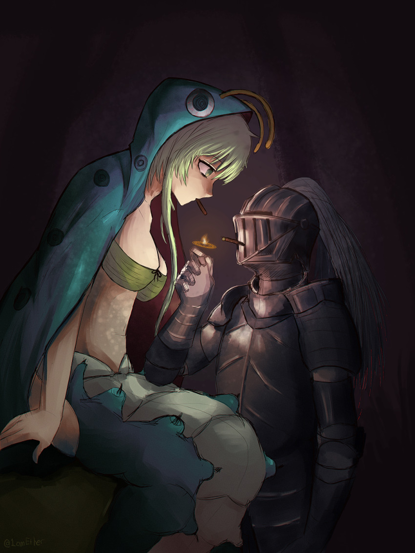 1boy, 1girl, antennae, arthropod_girl, black_souls, black_souls_2, blue_jacket, bra