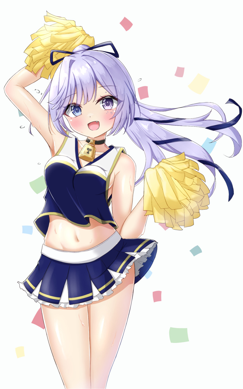 1girl, arm_up, blue_eyes, blush, breasts, cheerleader, choker, commission