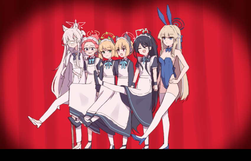 6+girls, akira_(blue_archive), animal_ear_headphones, animal_ears, apron, aris_(blue_archive), aris_(maid)_(blue_archive), black_dress