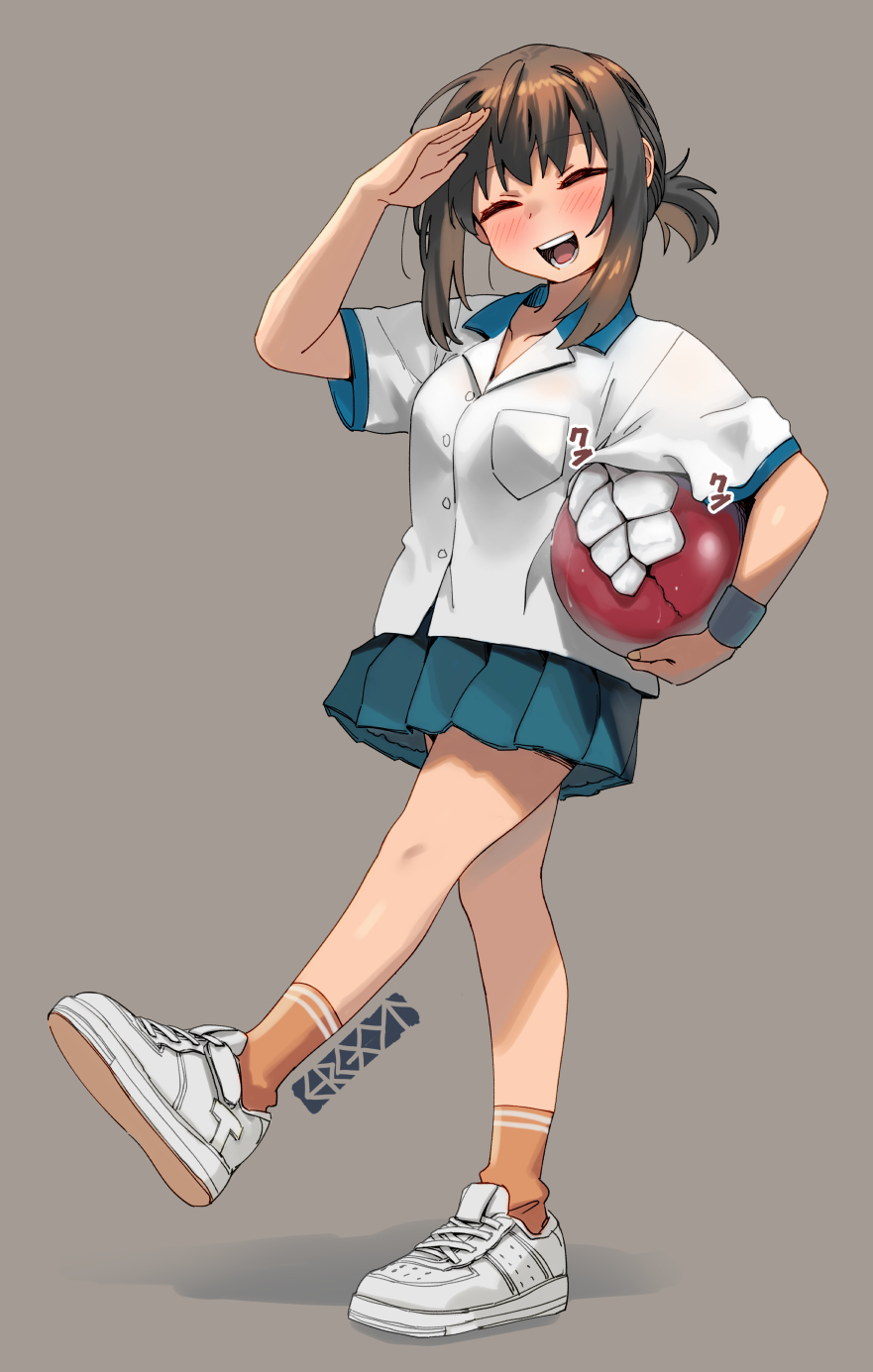 1girl, abyssal_ship, alternate_costume, aqua_skirt, artist_logo, artist_name, black_hair, blush, breasts, buttons, closed_eyes, collared_shirt, enemy_aircraft_(kancolle), ergot, facing_viewer, fubuki_(kancolle), fubuki_(round1)_(kancolle), grey_background, highres, kantai_collection, logo, open_mouth, orange_socks, pleated_skirt, ponytail, shirt, shoes, short_hair, short_ponytail, short_sleeves, simple_background, skirt, small_breasts, smile, socks, solo, white_shirt, white_shoes