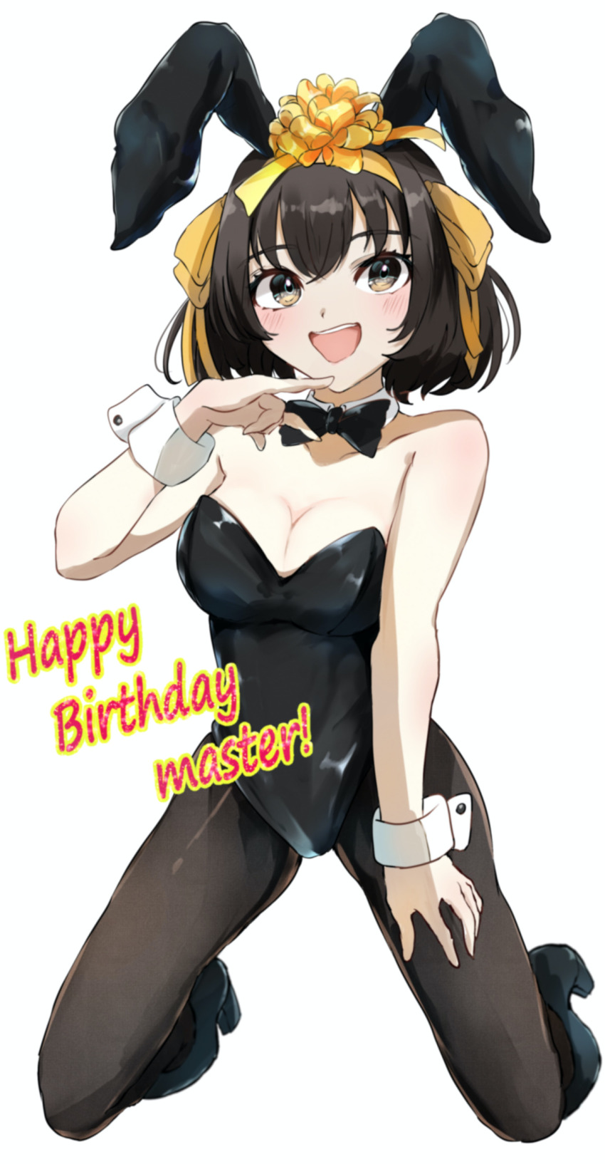 animal_ears, black_leotard, bow, bowtie, breasts, brown_hair, detached_collar, fake_animal_ears