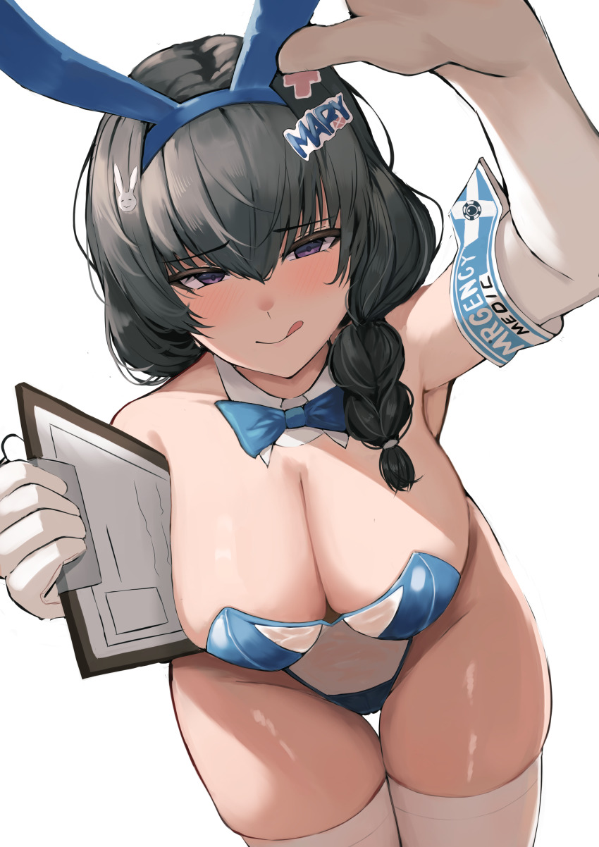 1girl, :q, absurdres, animal_ears, black_hair, blue_bow, blue_bowtie, blue_leotard