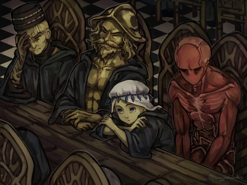 1girl, 3boys, abs, bald, beard, black_hat, black_robe, blue_eyes, chair, checkered_floor, closed_eyes, colored_skin, commentary, exposed_muscle, facial_hair, fear_&amp;_hunger, fear_&amp;_hunger_(series), fear_&amp;_hunger_1, francois_(fear_&amp;_hunger), hand_on_own_face, hands_on_table, hat, head_on_table, highres, kingjoshua, looking_up, medium_hair, morion, multiple_boys, mustache, nilvan_(fear_&amp;_hunger), no_mouth, no_nose, no_skin, open_clothes, open_robe, resting_head_on_hand, robe, ronn_chambara_(fear_&amp;_hunger), sitting, table, tile_floor, tiles, topless_male, twitter_username, v_arms, valteil_(fear_&amp;_hunger), white_headdress, wooden_chair, wooden_table, yellow_skin