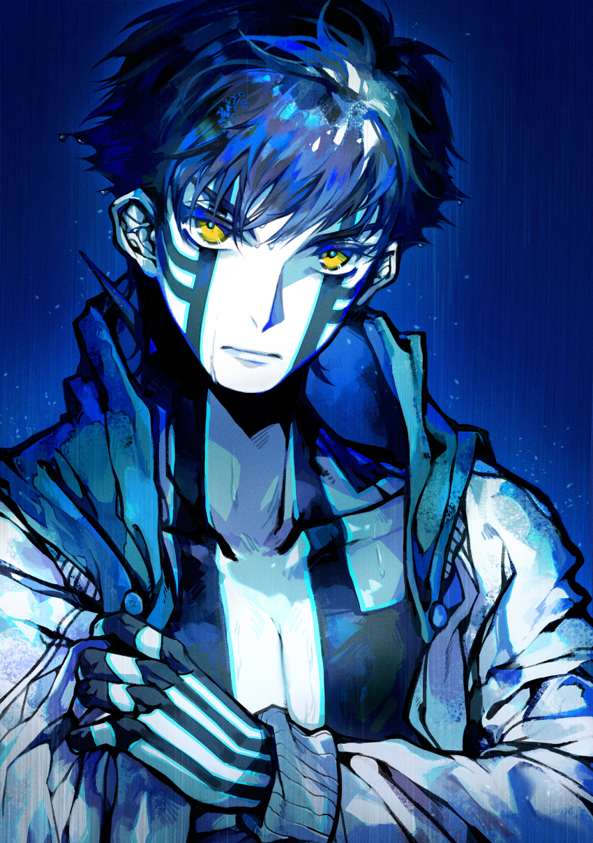 1boy, black_hair, blue_background, blue_theme, closed_mouth, collarbone, commentary, demi-fiend
