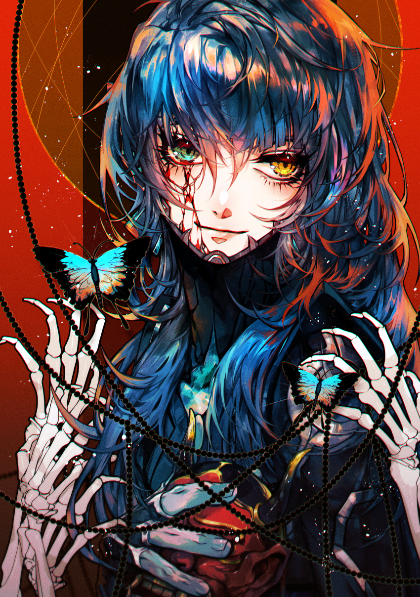 1boy, androgynous, bleeding, blood, blood_on_face, bloody_tears, blue_butterfly, blue_hair