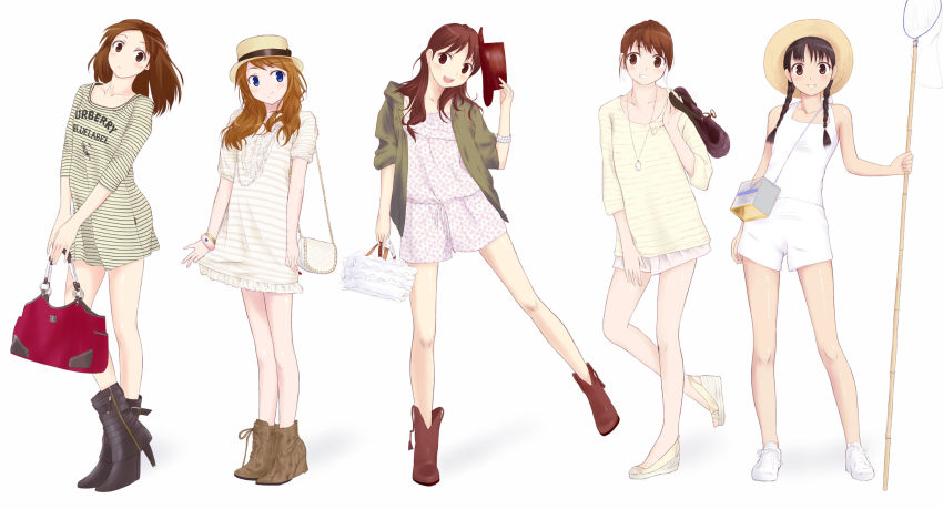 5girls, bag, blue_eyes, boots, brown_eyes, brown_hair, fashion, hand_net