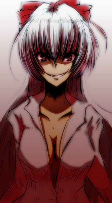 1girl, bad_id, bad_pixiv_id, breasts, cleavage, female_focus, fujiwara_no_mokou, hair_ribbon