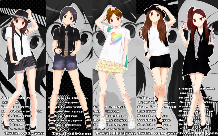 5girls, bag, brown_eyes, brown_hair, english_text, fashion, glasses, handbag