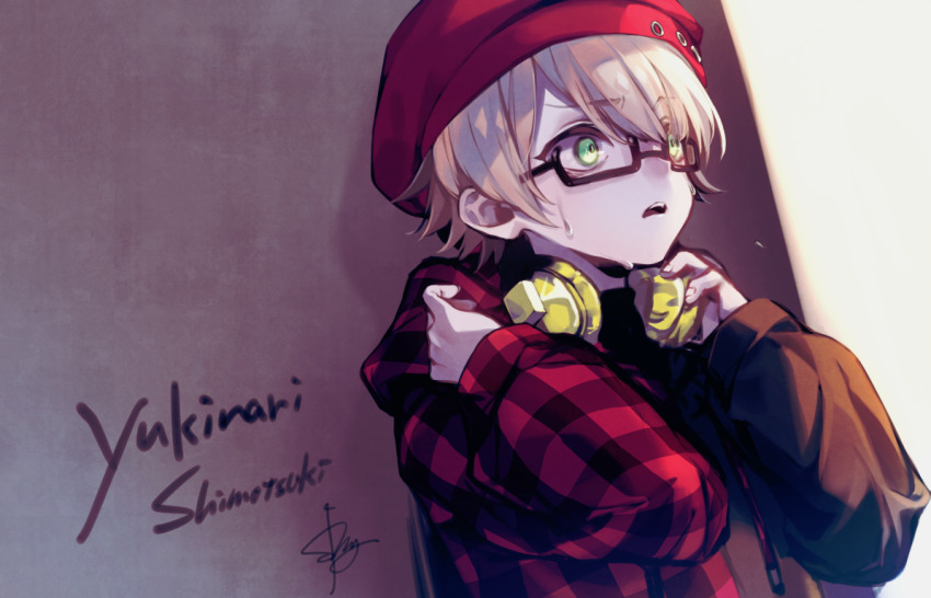 1boy, against_wall, bags_under_eyes, character_name, coat, drawstring, glasses, green_eyes