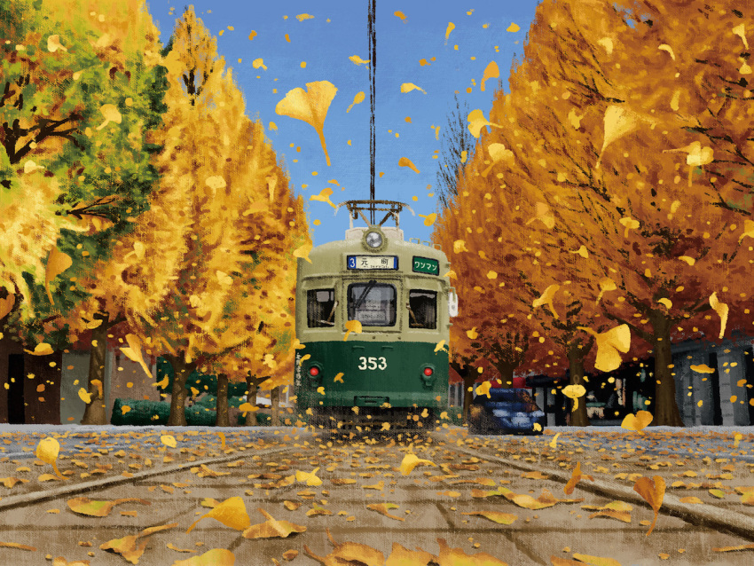 autumn, autumn_leaves, blue_background, blue_sky, bush, car, commentary, falling_leaves, ginkgo_tree, hiroshima_electric_railway, leaf, motor_vehicle, no_humans, original, outdoors, sadajiro, scenery, sky, stone_floor, streetcar, translated, tree