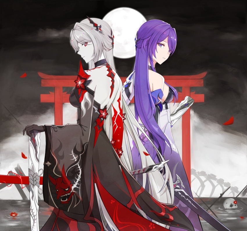 2girls, absurdres, acheron_(honkai:_star_rail), armor, backless_coat, bare_shoulders, black_choker, black_coat