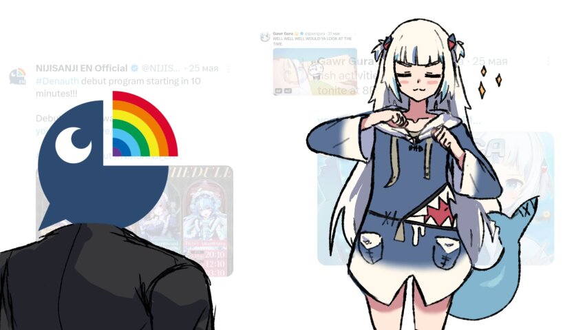 1girl, 1other, :3, =_=, blue_hair, blush_stickers, clenched_hands, cowboy_shot