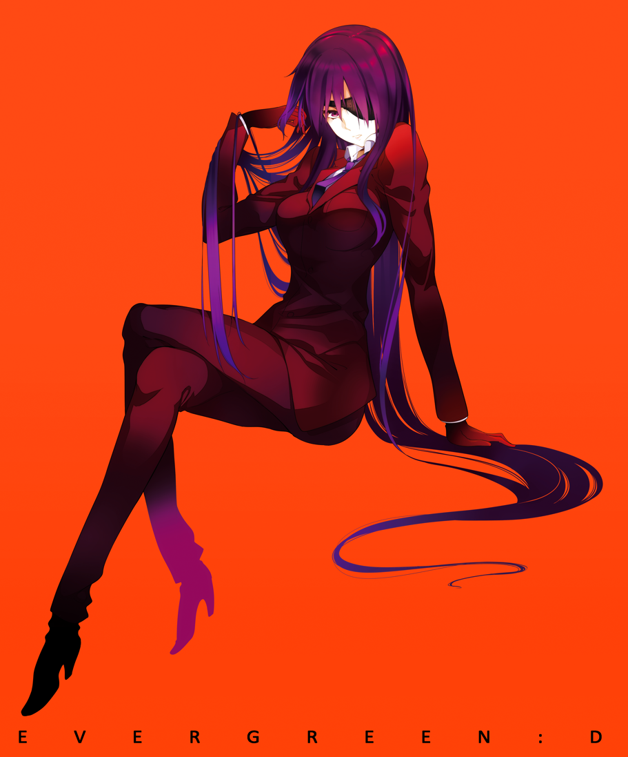 1girl, adjusting_hair, bad_id, bad_pixiv_id, crossed_legs, eyepatch, female_focus, formal_clothes, gloves, high_heels, kawakami_shuuichi, long_hair, necktie, original, pant_suit, pants, purple_hair, red_theme, shoes, sitting, solo, suit, syu_(no1zerg), very_long_hair