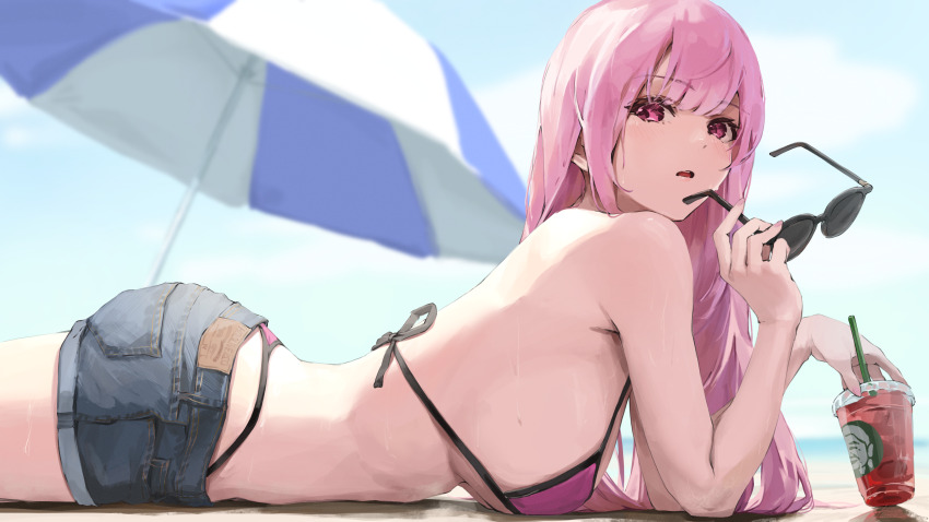 1girl, absurdres, armpits, ass, beach_umbrella, bikini, brand_name_imitation, breasts