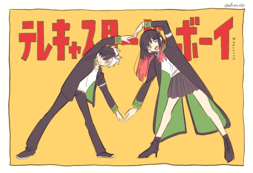 2boys, androgynous, black_hair, blue_eyes, coat, heterochromia, high_heels, jacket, koyomi_(drpaslp), long_sleeves, male_focus, multicolored_hair, multiple_boys, open_clothes, open_coat, open_mouth, pleated_skirt, sakura_haruka_(wind_breaker), school_uniform, shirt, shoes, short_hair, skirt, smile, split-color_hair, telecaster_b-boy_(vocaloid), trap, tsubakino_tasuku, white_hair, white_shirt, wind_breaker_(nii_satoru)