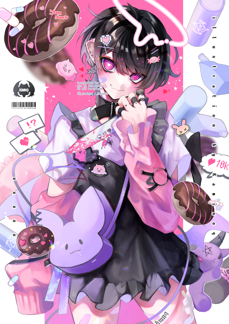 1boy, aegyo_sal, bandaid, barcode, black_hair, blood, bloody_weapon, collar