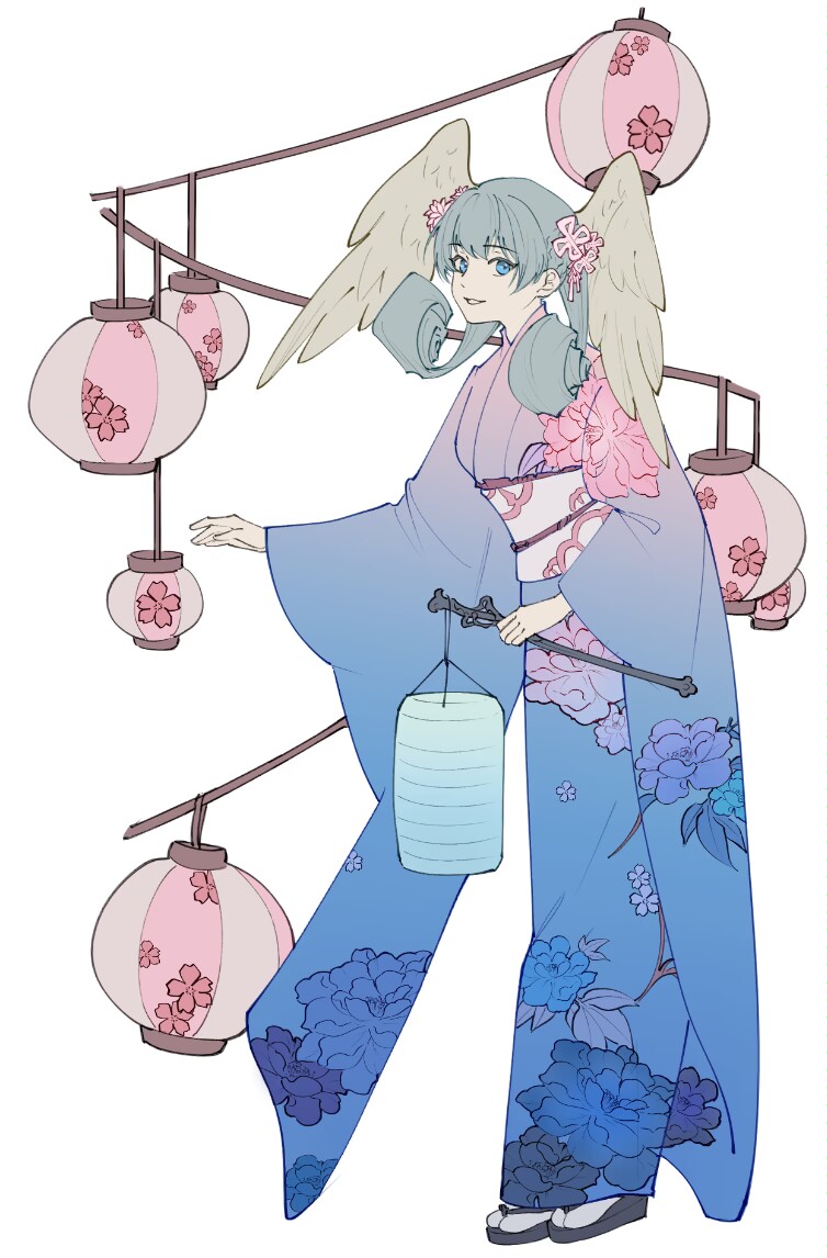 blue_eyes, braid, crown_braid, curly_hair, dress, full_body, grey_hair, head_wings