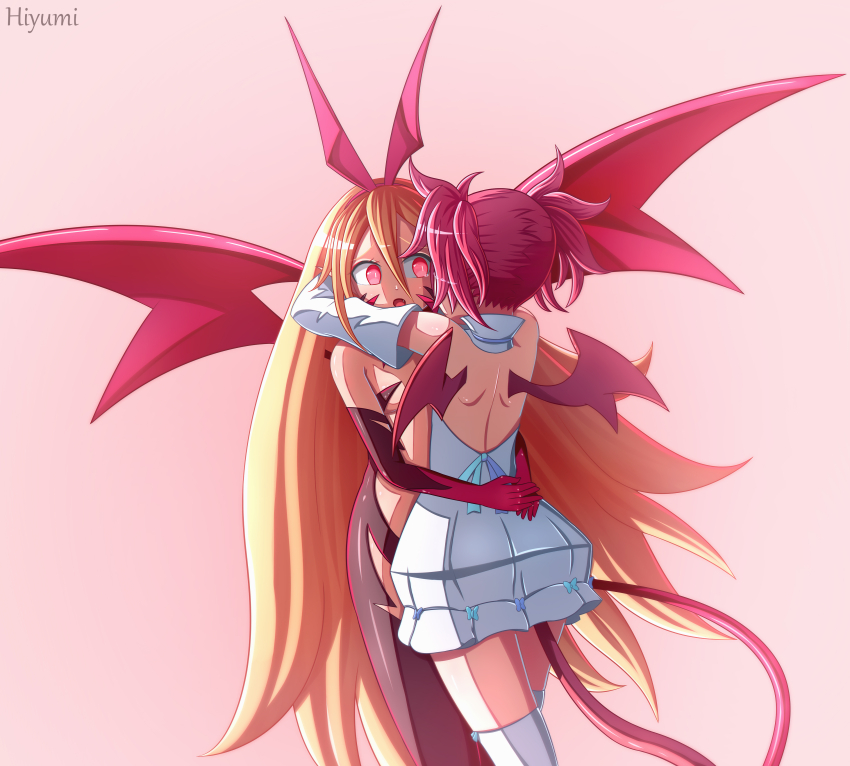 2girls, absurdres, arms_around_neck, arms_around_another's_waist, artist_name, backless_dress, backless_outfit, blonde_hair, breasts, commentary, demon_girl, demon_tail, demon_wings, detached_sleeves, disgaea, disgaea_rpg, dress, elbow_gloves, english_commentary, etna_(disgaea), flonne, flonne_(fallen_avatar), gloves, hair_between_eyes, hairband, highres, hiyumi_x, hug, long_hair, makai_senki_disgaea, multiple_girls, open_mouth, overlord_zenon, pink_background, possessed, possession, red_eyes, red_hair, saint_etna_(disgaea), shiny_clothes, shiny_skin, short_twintails, sidelighting, small_breasts, standing, tail, thighhighs, twintails, very_long_hair, white_thighhighs, wings, yuri, zenon_(disgaea)