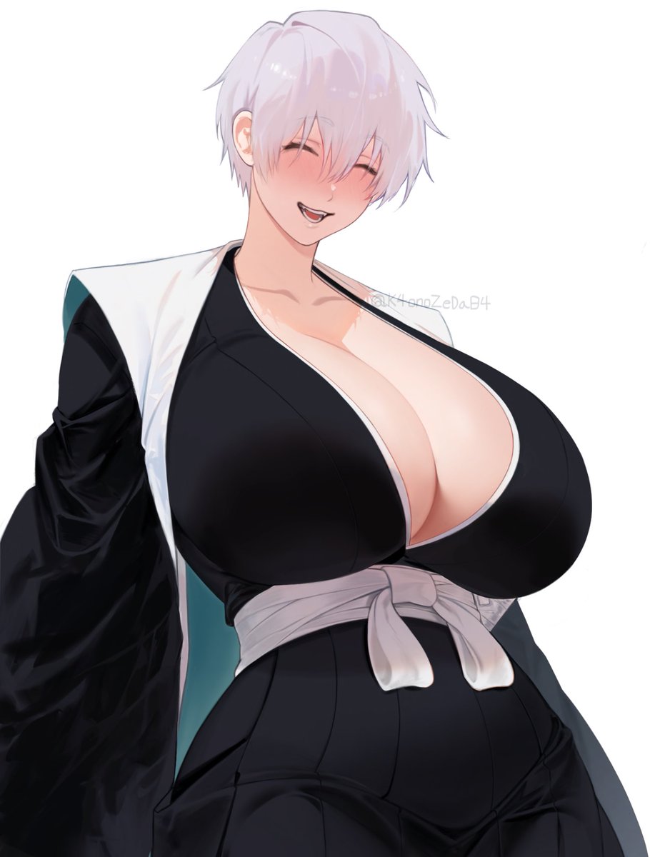 1girl, ^_^, artist_name, bleach, breasts, cleavage, closed_eyes, collarbone