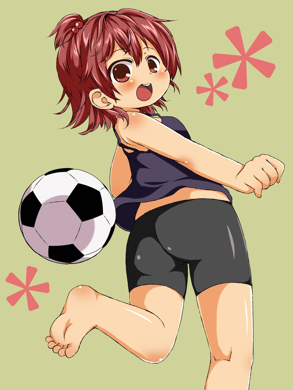 1girl, ass, bad_id, bad_pixiv_id, ball, barefoot, bike_shorts, blush, feet, female_focus, hair_bobbles, hair_ornament, high_ponytail, highres, kneepits, marui_futaba, mitsudomoe_(manga), ponytail, red_eyes, red_hair, rihhi, short_hair, soccer_ball, solo, tank_top, telstar