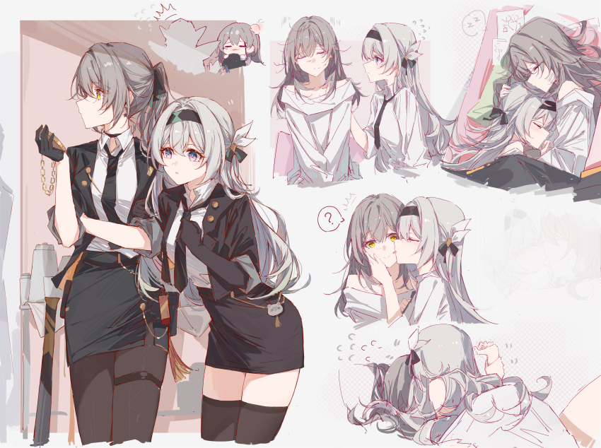 2girls, ?, black_gloves, black_hairband, black_jacket, black_necktie, black_pantyhose, black_skirt