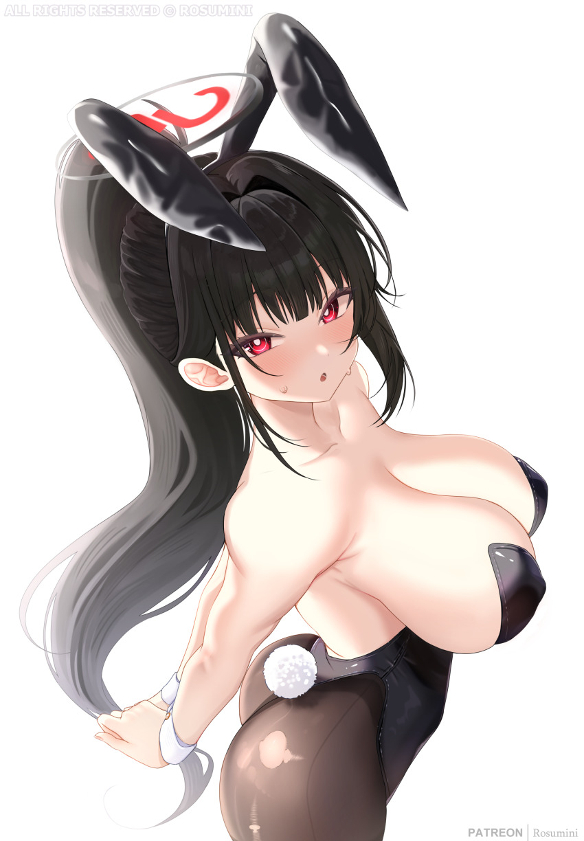 1girl, :o, absurdres, alternate_costume, animal_ear_hairband, animal_ears, arms_behind_back, ass, bare_shoulders, black_hair, black_leotard, black_pantyhose, blue_archive, blush, breasts, collarbone, commentary, copyright_notice, fake_animal_ears, fake_tail, hairband, halo, highres, huge_breasts, leotard, long_hair, looking_at_viewer, own_hands_together, pantyhose, patreon_username, playboy_bunny, ponytail, rabbit_ear_hairband, rabbit_ears, rabbit_tail, red_eyes, rio_(blue_archive), rosumini, simple_background, solo, strapless, strapless_leotard, tail, very_long_hair, white_background