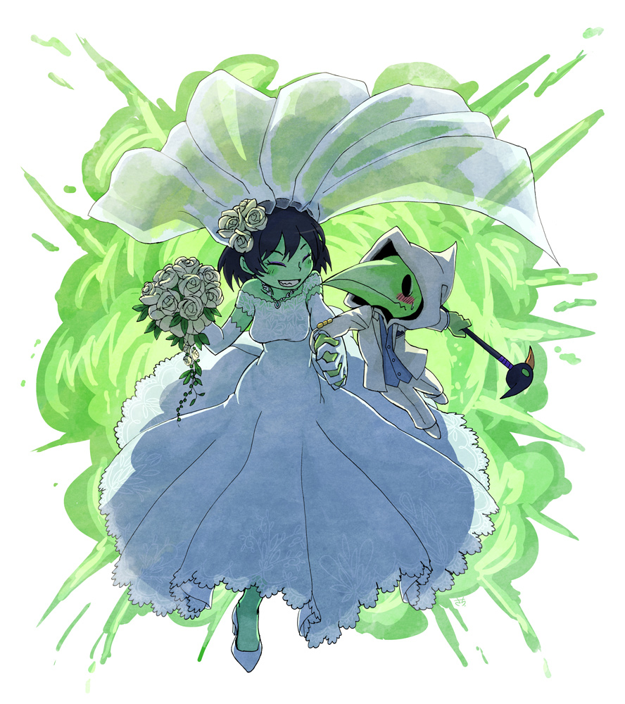 1boy, 1girl, aizawa_sachi, black_hair, blue_vest, blush, blush_stickers, bouquet, breasts, bridal_veil, closed_eyes, colored_skin, commentary_request, dated_commentary, dress, elbow_gloves, explosion, flower, formal_clothes, gloves, green_cloud, green_skin, hair_flower, hair_ornament, holding, holding_bouquet, holding_hands, holding_staff, hood, hood_up, jewelry, jumping, leaf, light_blush, looking_at_another, medium_breasts, mona_(shovel_knight), necklace, pants, plague_doctor_mask, plague_knight, rose, short_hair, shovel_knight, size_difference, smile, staff, suit, veil, vest, wedding_dress, white_background, white_flower, white_footwear, white_gloves, white_hood, white_pants, white_rose, white_suit