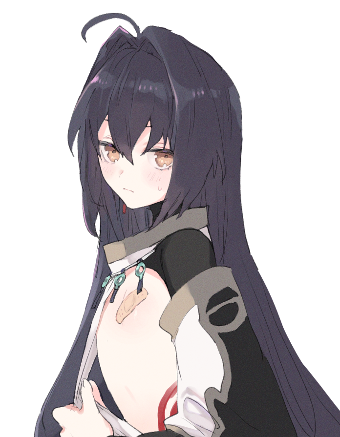 1other, ahoge, androgynous, bandaid, bandaids_on_nipples, black_hair, blush, body_markings
