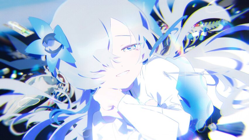 1girl, abstract_background, blue_eyes, blue_flower, blue_hair, bm_tol, commentary_request, dress