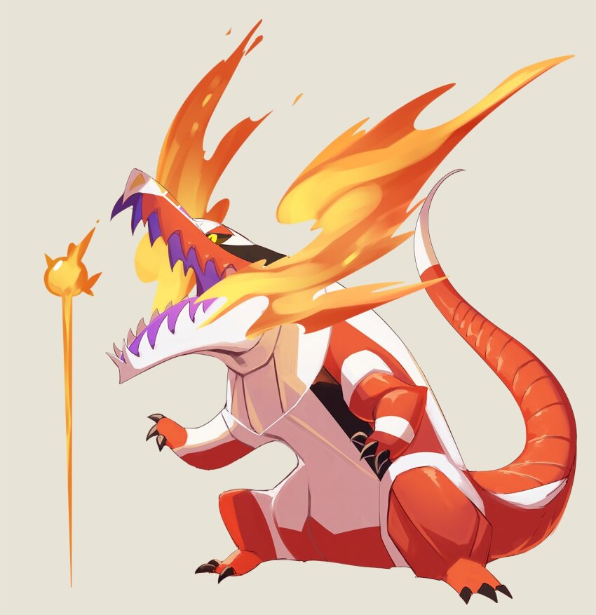 88_(h_rock_88), animal_focus, black_sclera, claws, colored_sclera, colored_skin, crocodilian, fangs, fire, fire_bird_(skeledirge), highres, multicolored_skin, nintendo, no_humans, open_mouth, pokemon, pokemon_(creature), red_skin, simple_background, skeledirge, skin_fangs, standing, tail, two-tone_skin, white_background, white_skin, yellow_eyes