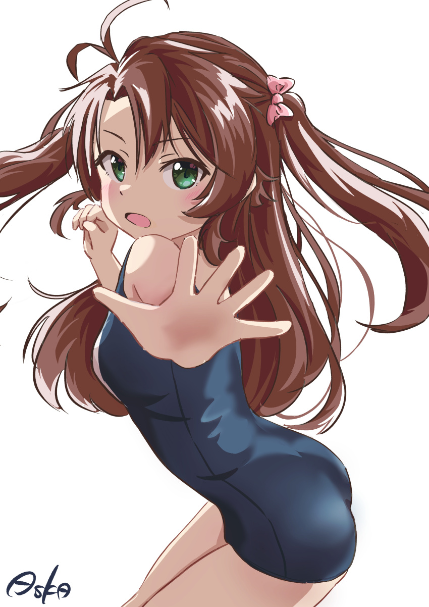 1girl, absurdres, antenna_hair, artist_name, ass, asuka_(pixiv82529874), brown_hair, commentary_request, cowboy_shot, foreshortening, green_eyes, highres, koshigaya_komari, long_hair, non_non_biyori, school_swimsuit, simple_background, solo, swimsuit, two_side_up, white_background