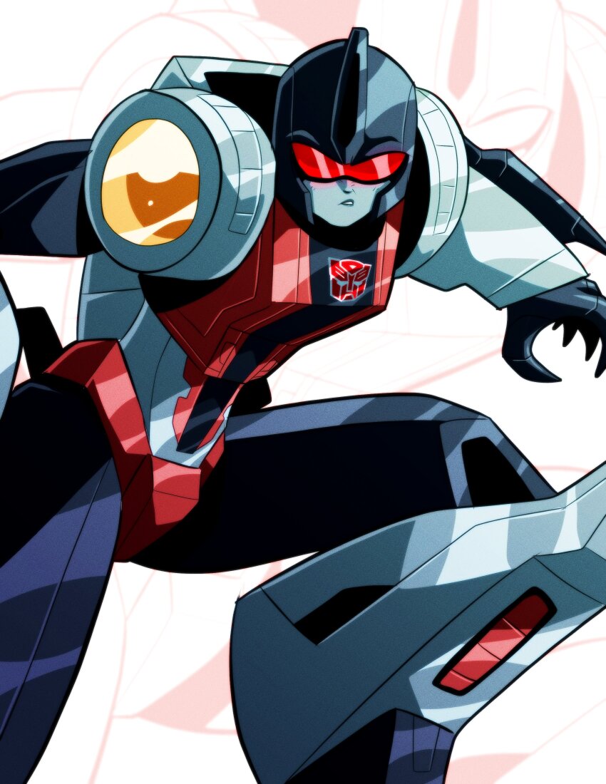 1girl, absurdres, autobot, emblem, fingernails, helmet, highres, humanoid_robot, insignia, no_humans, panties, red_panties, red_visor, robot, robot_girl, sharp_fingernails, shiny_skin, slash_(dinobot), solo, thechromatroid, transformers, underwear