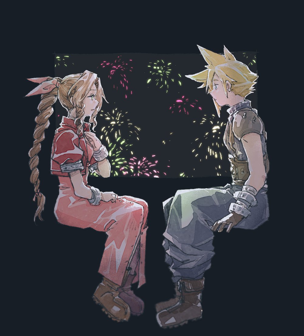1boy, 1girl, aerith_gainsborough, armor, baggy_pants, bandaged_arm, bandages, bangle, belt, black_background, blonde_hair, blue_pants, blue_shirt, boots, bracelet, braid, braided_ponytail, breasts, brown_belt, brown_footwear, brown_gloves, brown_hair, center_opening, cloud_strife, couple, cropped_jacket, dress, final_fantasy, final_fantasy_vii, fireworks, full_body, gloves, gold_saucer, gondola, hair_ribbon, hand_on_own_chest, hetero, jacket, jewelry, long_dress, long_hair, looking_at_another, medium_breasts, michibata_65, pants, parted_bangs, parted_lips, pink_dress, pink_ribbon, puffy_short_sleeves, puffy_sleeves, red_jacket, ribbon, shirt, short_hair, short_sleeves, shoulder_armor, sidelocks, single_braid, single_shoulder_pad, sitting, sleeveless, sleeveless_turtleneck, spiked_hair, suspenders, turtleneck, wavy_hair, window