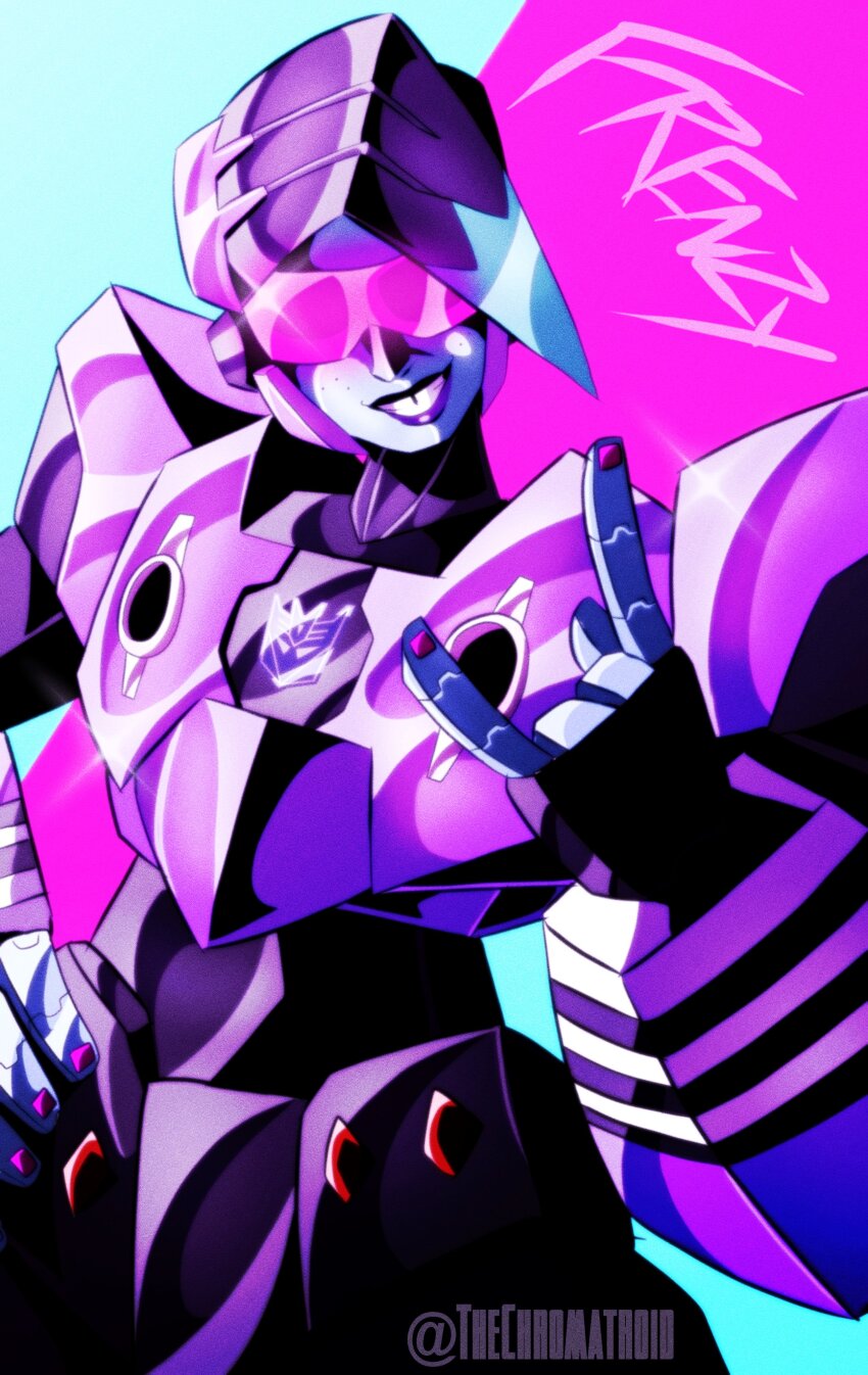 1girl, absurdres, decepticon, emblem, frenzy_(transformers), hand_on_own_hip, highres, humanoid_robot