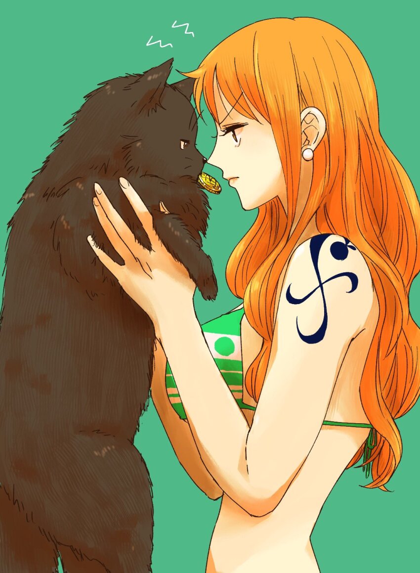 1girl, animal, back-tie_bikini, bare_arms, bare_shoulders, bikini, bikini_top_only, black_cat, black_fur, breasts, cat, closed_mouth, coin_in_mouth, commentary_request, earrings, from_side, green_background, green_bikini, highres, holding, holding_animal, jewelry, large_breasts, long_hair, looking_at_another, nami_(one_piece), nami_(one_piece)_(return_to_sabaody), namisan_sukida, one_piece, orange_hair, pearl_earrings, profile, serious, shoulder_tattoo, simple_background, single_sidelock, striped_bikini, striped_clothes, swimsuit, tattoo, upper_body, wavy_hair