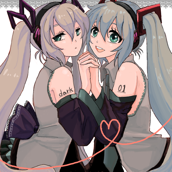 2girls, back_bow, blue_hair, bow, collared_shirt, detached_sleeves, dual_persona, from_side