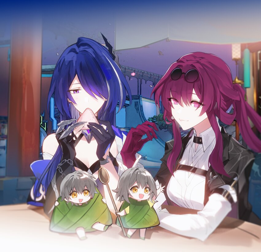 2girls, 2others, absurdres, acheron_(honkai:_star_rail), bandaged_arm, bandages, black_gloves, black_jacket, breasts, caelus_(honkai:_star_rail), chain, chain_around_arm, cleavage, collared_shirt, diamond-shaped_pupils, diamond_(shape), earrings, eating, elbow_gloves, eyewear_on_head, food, glasses, gloves, grey_hair, hair_ornament, hair_over_one_eye, hashtag-only_commentary, highres, holding, holding_spoon, honkai:_star_rail, honkai_(series), jacket, jewelry, kafka_(honkai:_star_rail), large_breasts, looking_at_another, looking_at_viewer, multicolored_hair, multiple_girls, multiple_others, onigiri, open_clothes, open_jacket, pince-nez, ponytail, purple_eyes, purple_gloves, purple_hair, qing_ning_elsa, round_eyewear, shirt, sidelocks, single_bare_shoulder, single_elbow_glove, sitting, spider_web_print, spoon, stelle_(honkai:_star_rail), streaked_hair, symbol-shaped_pupils, trailblazer_(honkai:_star_rail), white_shirt, yellow_eyes