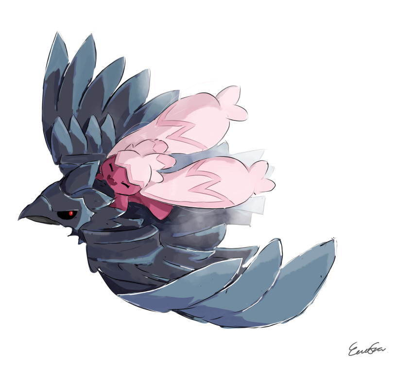 1girl, ^_^, absurdres, artist_name, bird, black_sclera, closed_eyes, closed_mouth, colored_sclera, colored_skin, corviknight, emofuru_(vktd5442), flying, full_body, gen_8_pokemon, happy, highres, long_hair, multicolored_hair, nintendo, open_mouth, pink_hair, pink_skin, pokemon, pokemon_(creature), red_eyes, riding, signature, simple_background, smile, tinkaton, two-tone_hair, very_long_hair, white_background