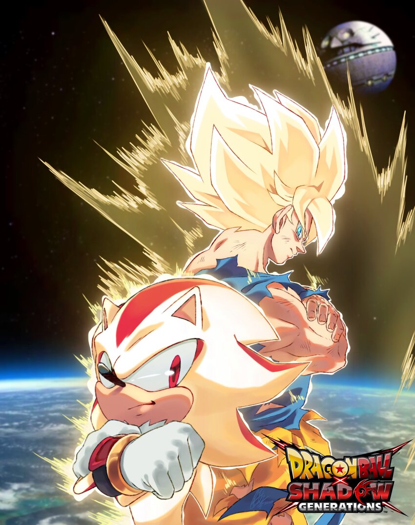 2boys, absurdres, aura, blonde_hair, blue_shirt, copyright_name, crossed_arms, dougi