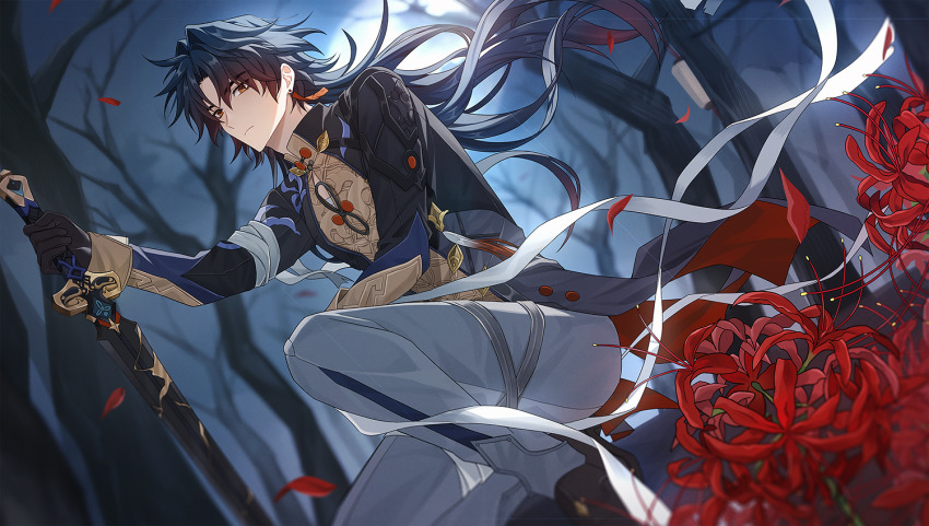 1boy, arm_on_knee, bandaged_arm, bandaged_leg, bandages, black_coat, black_gloves, black_hair