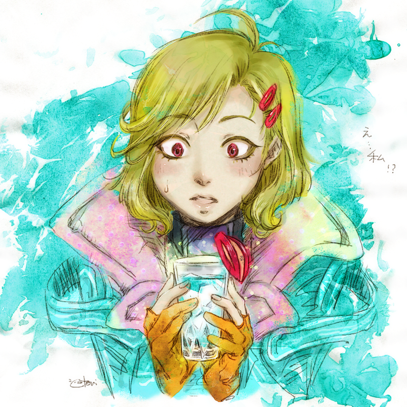1other, antenna_hair, aqua_coat, blonde_hair, coat, cotori_(globule), cup, drinking_glass, fingerless_gloves, gloves, gnosia, hair_between_eyes, hair_ornament, hairclip, holding, holding_cup, ice, ice_cube, other_focus, red_eyes, setsu_(gnosia), short_hair, simple_background, solo, surprised, turtleneck
