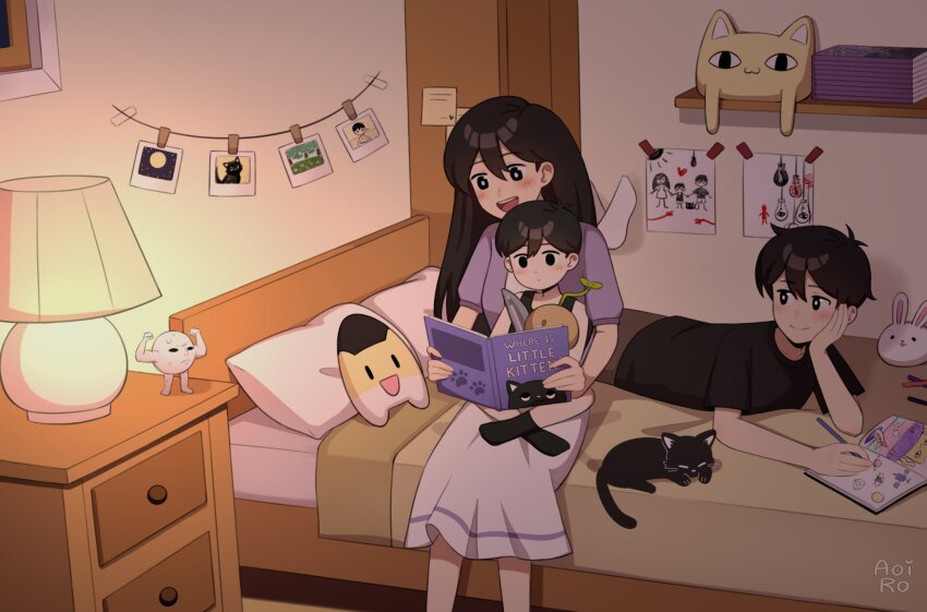 1girl, 2boys, alternate_universe, aoiro_arts, artist_name, big_yellow_cat_(omori), black_eyes, black_hair, black_shirt, black_socks, blush, cat, closed_mouth, forest_bunny_(omori), happy_(omori), highres, holding, holding_knife, knife, lamp, long_hair, lying, mari_(faraway)_(omori), mari_(omori), mewo, multiple_boys, omori, omori_(omori), on_bed, on_stomach, open_mouth, photo_(object), pluto_(omori), purple_shirt, shirt, short_hair, sitting, skirt, smile, socks, sprout_mole, stuffed_toy, sunny_(omori), teeth, upper_teeth_only, white_skirt, white_socks