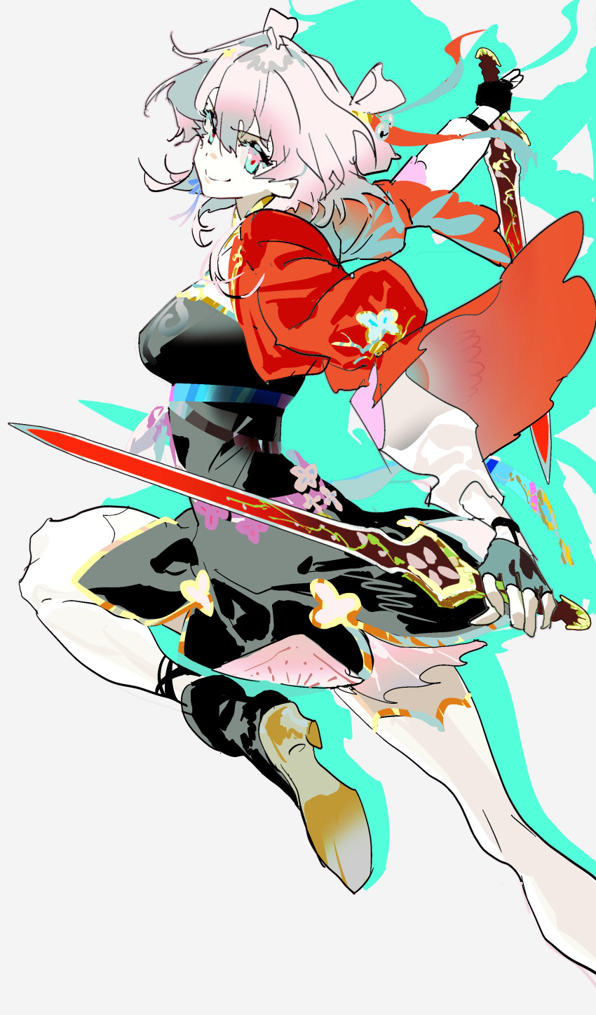 1girl, absurdres, aqua_eyes, black_boots, black_dress, black_gloves, blue_sash, boots