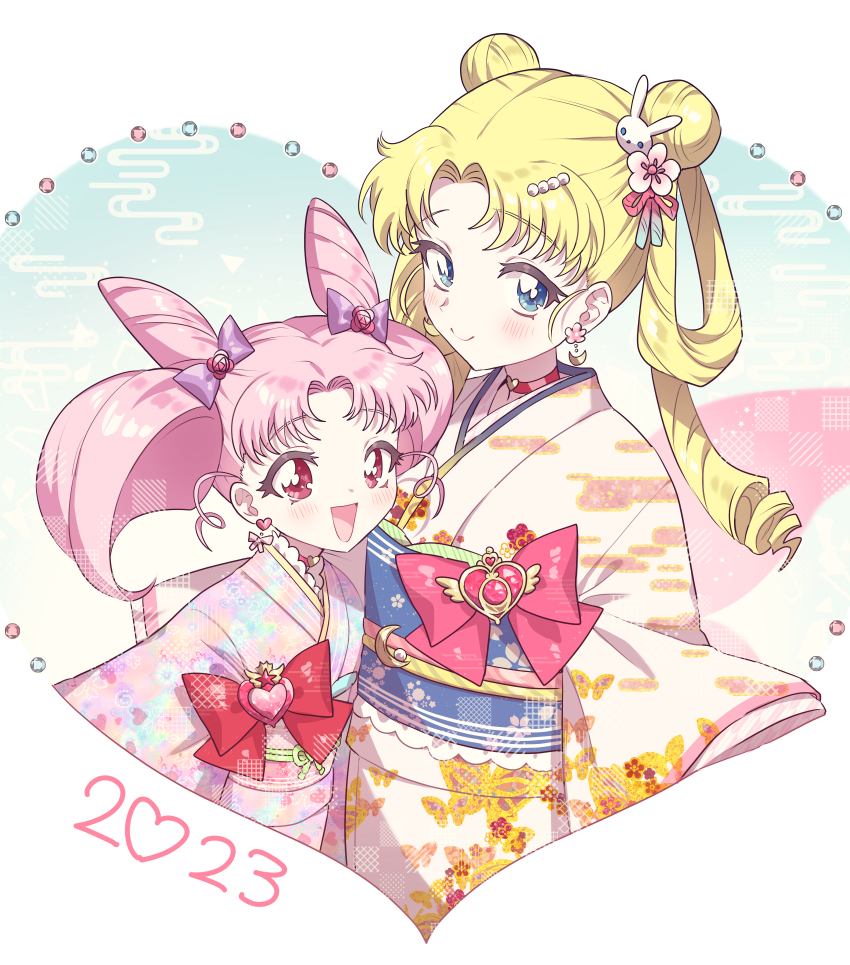 2023, 2girls, :d, absurdres, alternate_hairstyle, bishoujo_senshi_sailor_moon, blonde_hair, blue_eyes