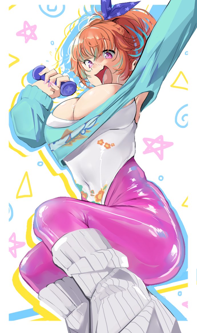 1girl, arm_up, blue_sweater, breasts, cleavage, colored_inner_hair, covered_navel, cropped_sweater